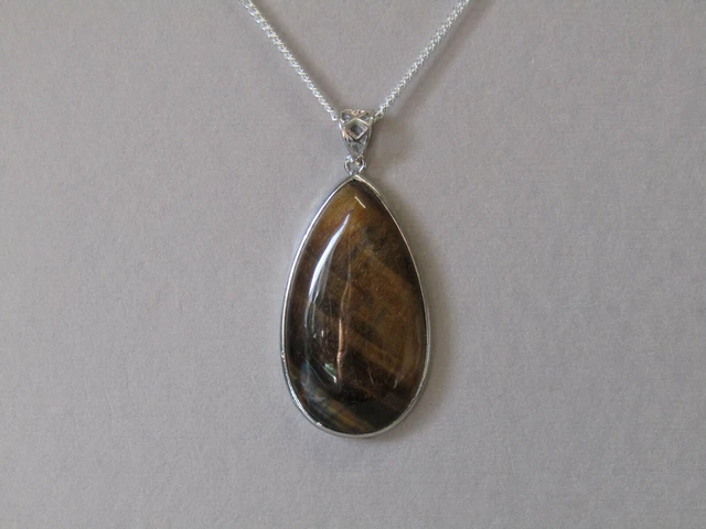 Tigers Eye Large Teardrop Gemstone Pendant with Silver Plated Necklace Stunning!