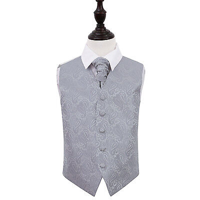 DQT Floral Paisley Silver Boys Wedding Waistcoat & Cravat Set