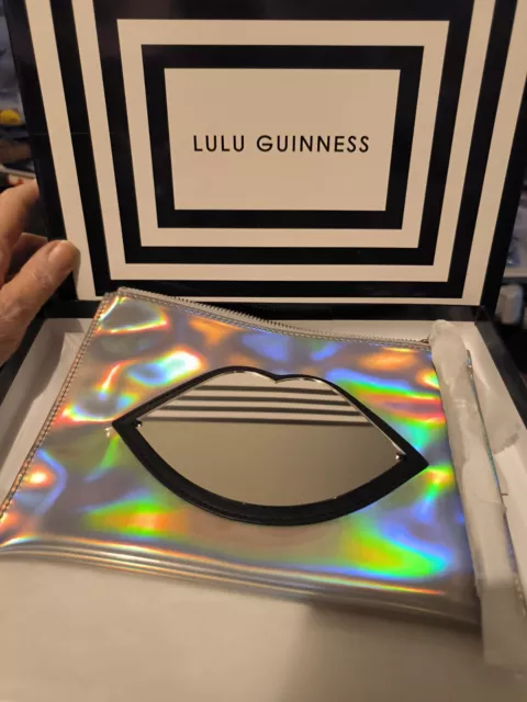 Lulu Guinness Irridescent Pouch/wristlet with Silver Finish & Lip Mirror New/Box