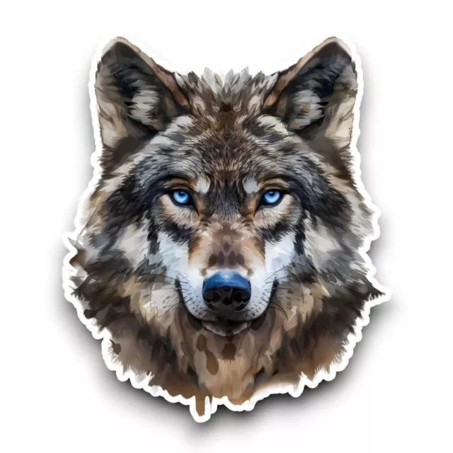 Beautiful Wolf with Blue Eyes Watercolor Animal Vinyl Sticker 100x84mm