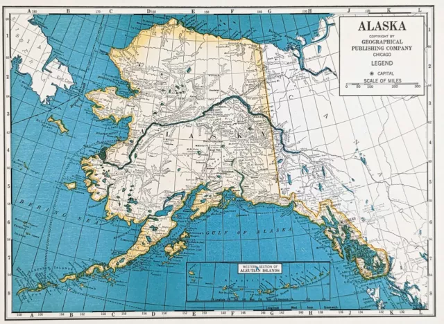 1941 Alaska Map Juneau Sitka Aleutian Islands Bering Strait Fort Yukon Skagway