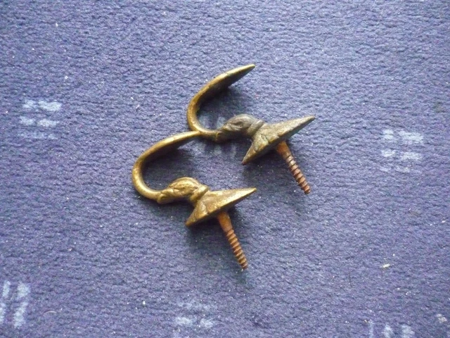 Vintage PAIR French Antique Brass Drapery Curtain Holdback Towel Hook Victorian 3