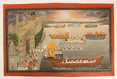 Indien Peinture Miniature Vue De Udaipur Ville Palace Maharaja Enjoying À Bateau