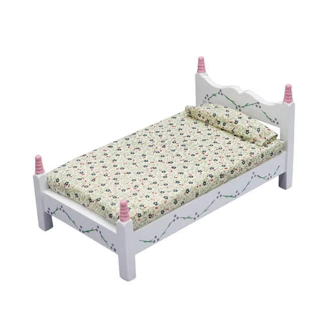 Cama Individual Pintada Con Flores Mini Juguete Cama Miniatura Para Casa de Muñecas Madera