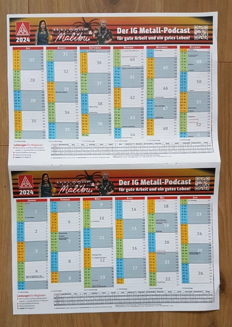 IG METALL A4 BLATT KALENDER 2024 SCHULFERIEN 2024/2025, FEIERTAGE IGM EUR 1,50 - PicClick DE