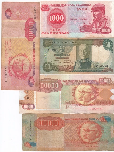 ANGOLA, LOT OF 5, All Different Denomination Banknotes, Mixed Condition ...