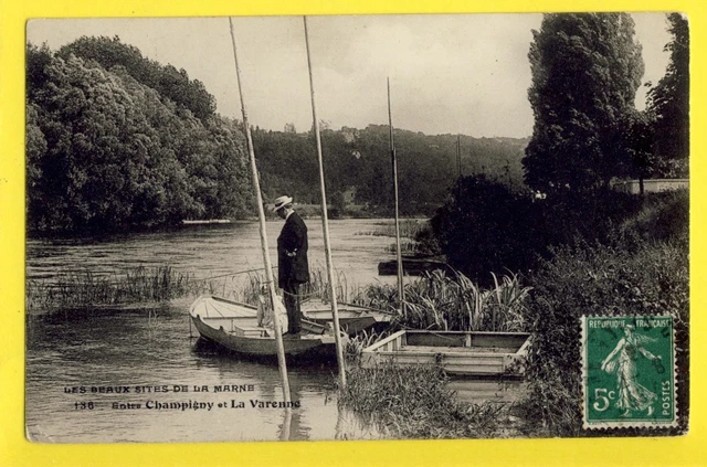 cpa Collection F. Fleury La Marne Entre CHAMPIGNY et LA VARENNE Pêcheur Barque