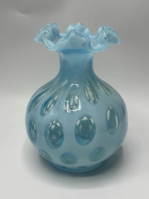ビンテージ　フェントン　 ドット VINTAGE FENTON COIN Dot Vase Blue Vintage Opalescent Glass Ruffled