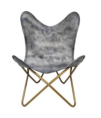 Handmade Buffalo Gray Leather Butterfly Chair Folding Modern Sling Lounge Accent