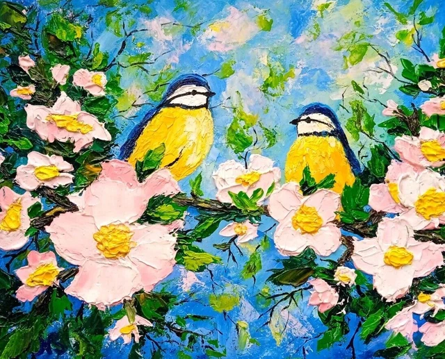 Pintura al óleo Love Bird Original Wall Art Cherry Blossom Branch Home...