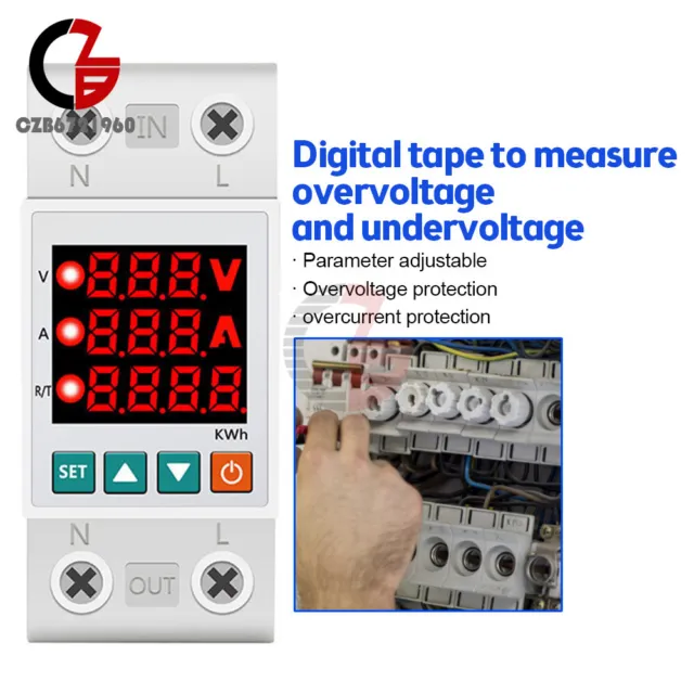 63A Adjustable Over Under Current Voltage Protector Relay LCD Display Meter 220V