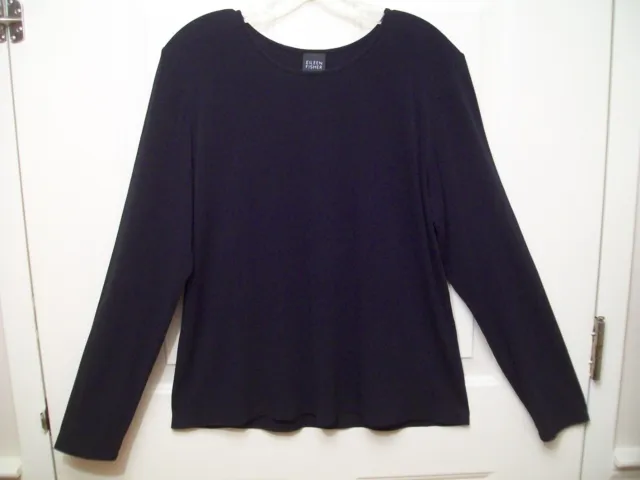 Eileen Fisher Black Silk T Shirt Top Stretch Knit Long Sleeve Round Neck sz L/XL