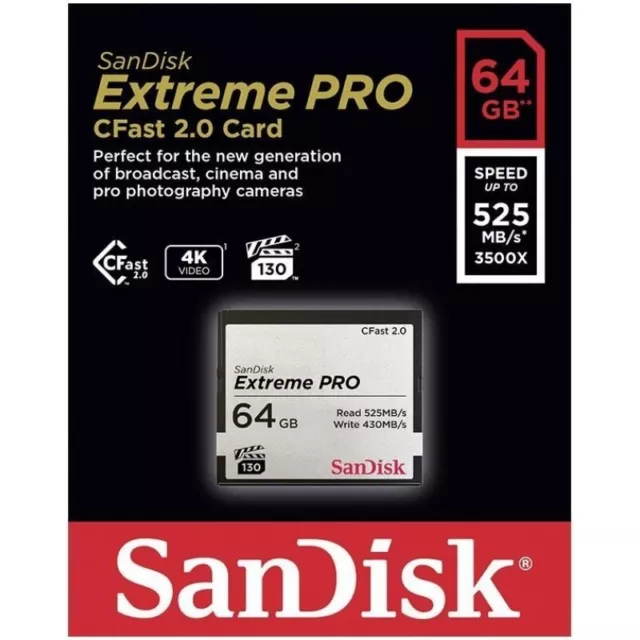 SanDisk Extreme PRO CFast 2.0 64GB memory card 525MB/s 3500x New Unused