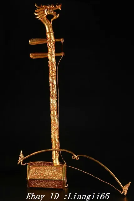 31.4''Alte Dynastie Bronze Gold Drachen Loong Kopf Instrument Erhu Statue