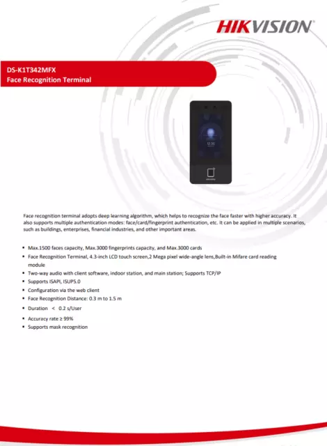 Hikvision Face Recognition Access Terminal Fingerprint 2-way Audio! DS-K1T342MFX 2