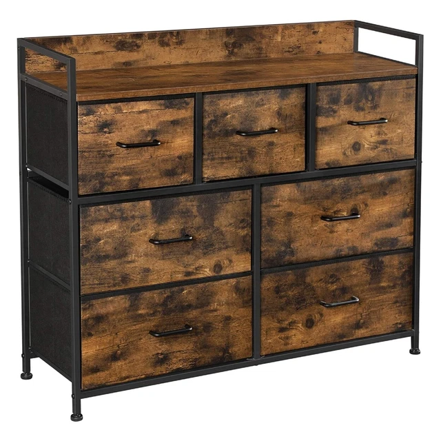 Grace 39 Inch Wood Dresser Chest, 7 Removable Drawers, Fabric Sides, Brown-