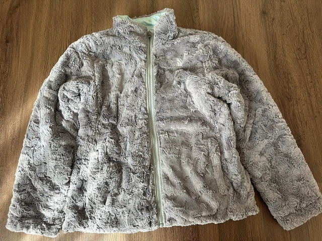 North Face Girls Reversible Quilted Eco-Fur Jacket Size XL (18) Ladies Aqua Gray