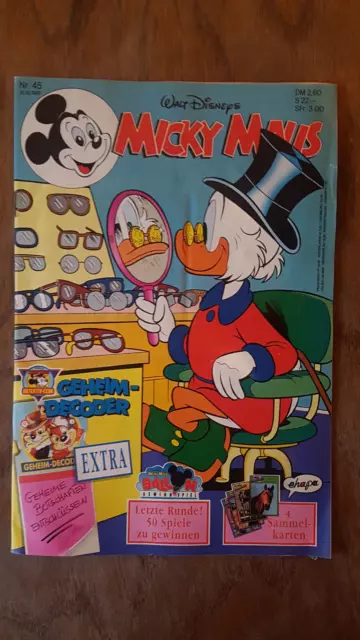 Micky Maus Comic Heft Nr. 45 1991 mit Beilage Geheim-Decoder  + Sammelkarten