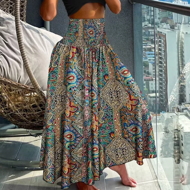 Womens Bohemian Long Maxi Skirt Ladies High Waist Beach Swing Long Dress