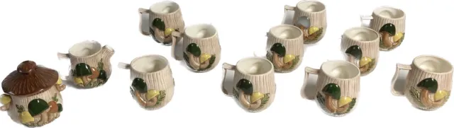 Arnels Mushroom 11 Mugs Cups 1 Sugar W/Lid  1 Creamer 1970s Vintage Ceramic Cute