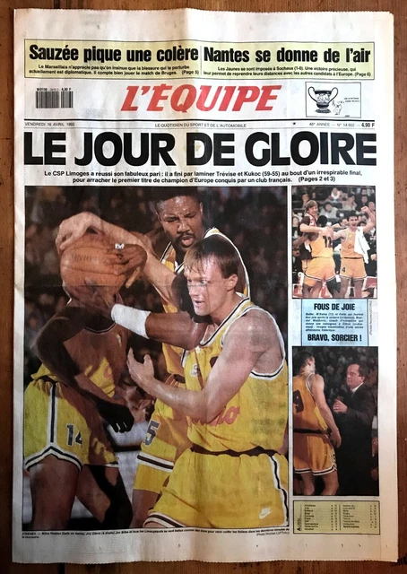 L'EQUIPE 16/04/1993 FINALE LIMOGES TREVISE 59-55 LE JOUR DE GLOIRE