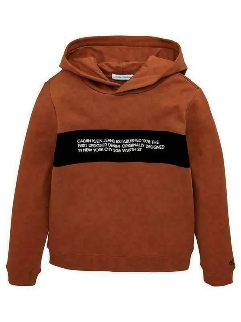 Genuine Calvin Klein Jeans Boys Flock Logo Hoodie Cognac Brown 8 Years