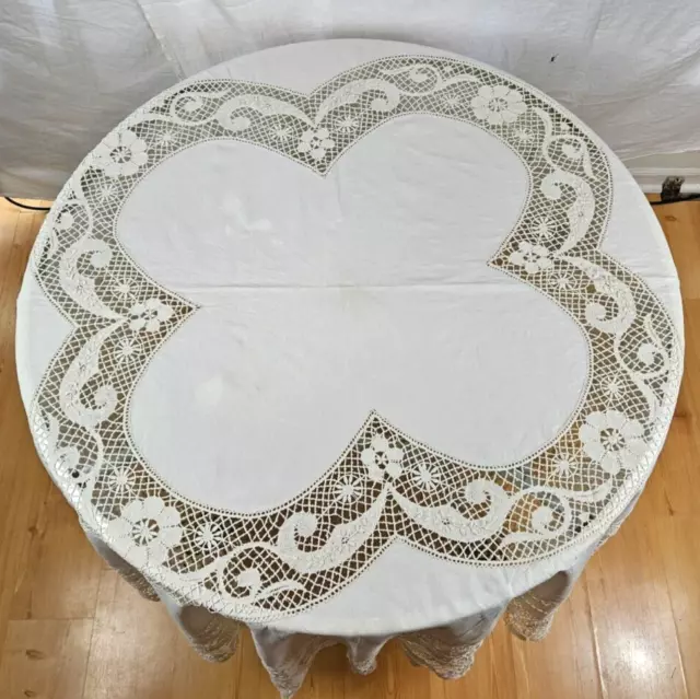 Vintage Round Linen & Bobbin Lace Tablecloth: English Bedforshire/ French Cluny 3