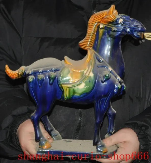 12"old China tangsancai pottery porcelain Ancient fengshui wealth Horse statue