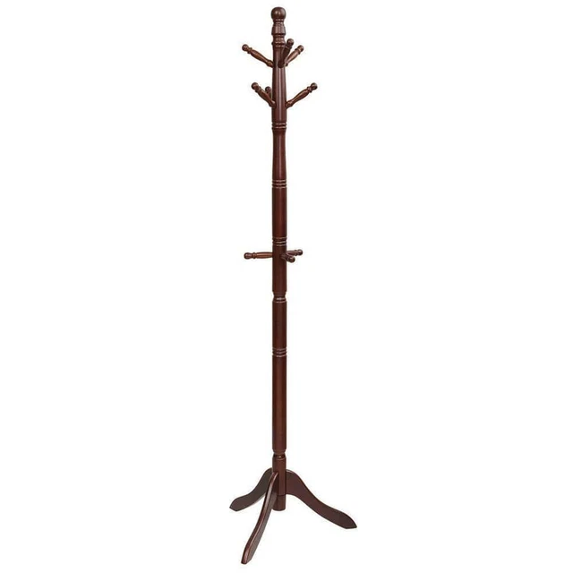 Coat Rack 2-Adjustable Height W/ 9-Hooks Free Standing Wooden Hall Tree Walnut