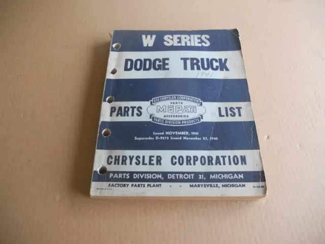Original Mopar 1941 Dodge W Series Truck Parts List Catalog