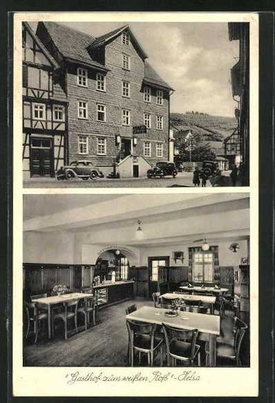 Helsa, Gasthof zum weißen Roß, Innen- und Außenansicht, Ansichtskarte
