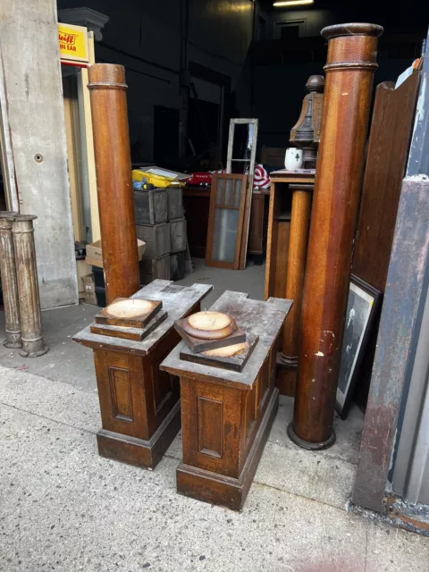pair c1890 vintage victorian age oak columns colonnade set with pedestals 92” h