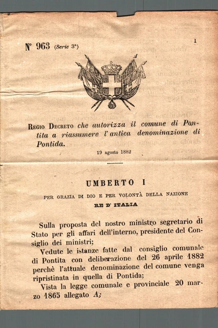 Regio Decreto Bergamo 1882 autorizza a riprendere la denominazione di Pontida