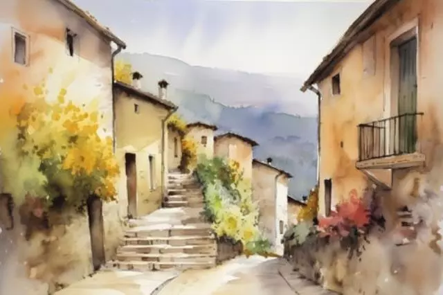 Aquarellmalerei einer alten Straße im Dorf Monteriggioni, Toskana, Italien. (203