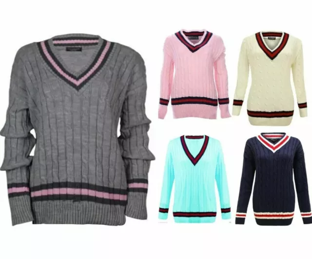 Womens Cable Knitted Plain Cricket Jumper Ladies Long Sleeve V Neck Sweater