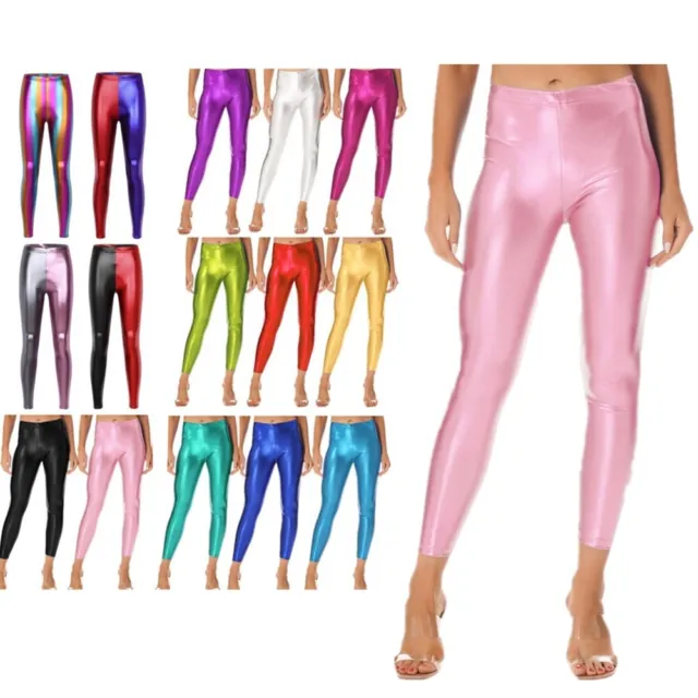 UK Womens Shiny Metallic Faux Leather Tights Pants Trousers Retro Disco Pants 2