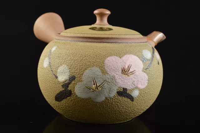 M2987: Japanese Seto-ware Green glaze Plum  TEAPOT Kyusu Sencha, auto