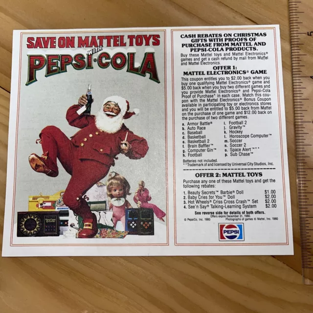 Save On Mattel Toys !! Pepsi Cola Santa Paper Sign.  1980