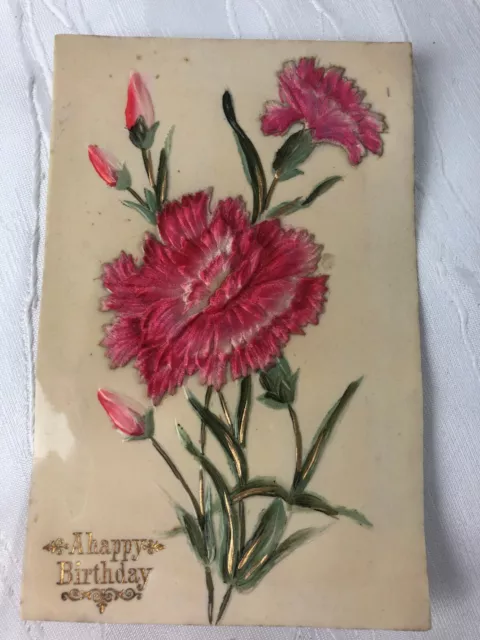 Vintage Postcard - Colour -  Floral Embossed - A Happy Birthday