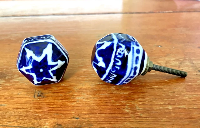2pc  CERAMIC KNOBS Drawer Cabinet Pulls Blue and White Boho India Asian