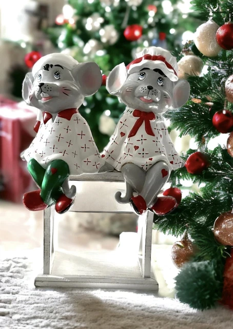 CHRISTMAS SHELF SITTING Boy And Girl Mice With Hanging Shelf Stocking ...