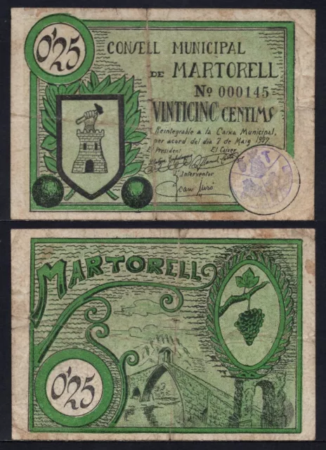 España-cataluña Martorell / 25 Cents/7 Of May Del 1937 MBC / VF 1445