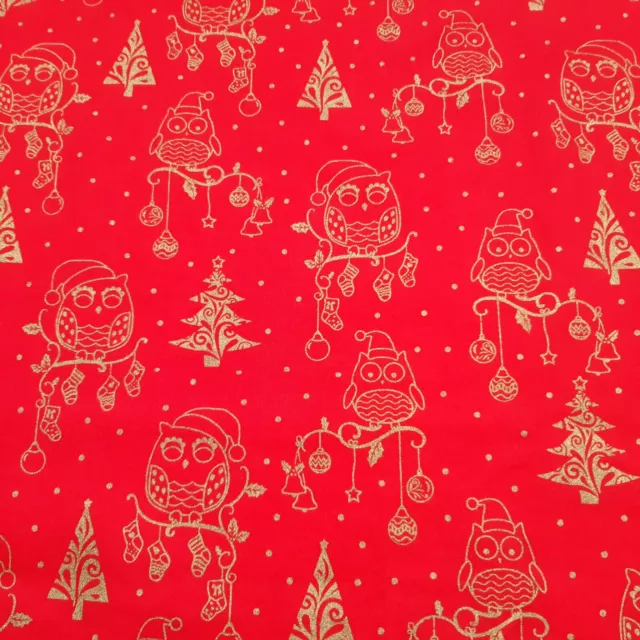 Sugar & Spice Textiles Owl Christmas Xmas tree Red Gold Glitter Fabric 82x109cm