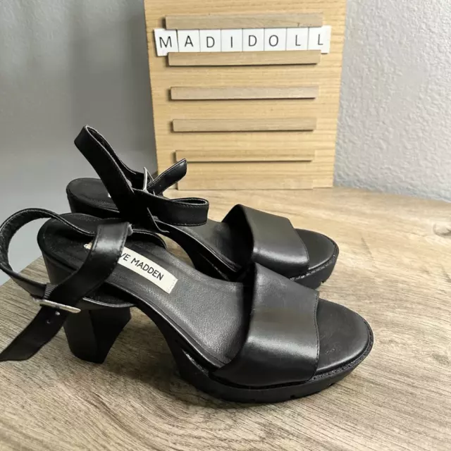 Steve Madden Women’s 8 Maurra Black Leather Heeled Platform Sandals