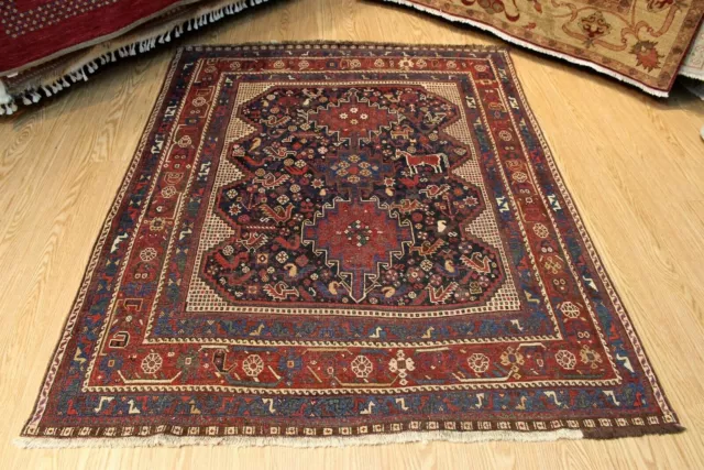 Late 19th Century Antique Qashqai Rug Tribal Handmade 5'x7' Pictorial Rug Wool