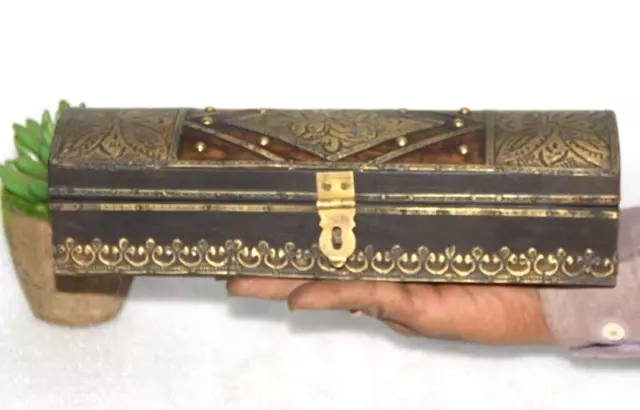 Vintage Wooden Old Hand Crafted Painted Floral Brass Work Pen Box Original
