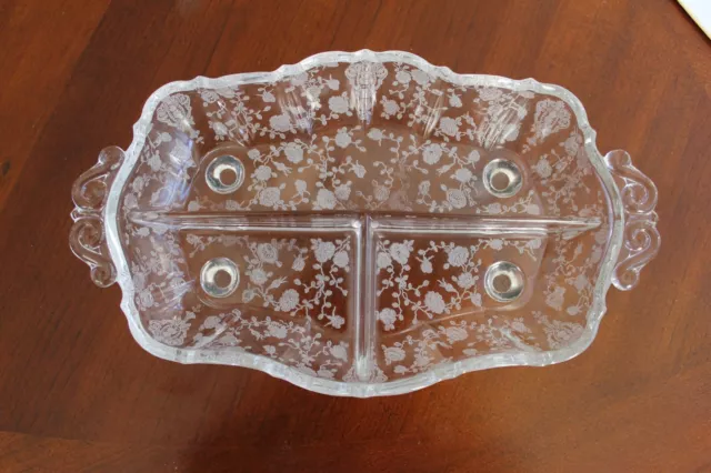 Rare smaller CAMBRIDGE GLASS ROSE POINT ETCHED 3 PART DIVIDED RELISH DISH 9.5"