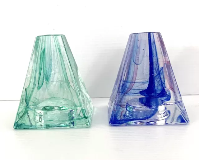 Caithness Art Glass Paperweight Pyramids x 2  Blue Pink Twist & Green Swirl