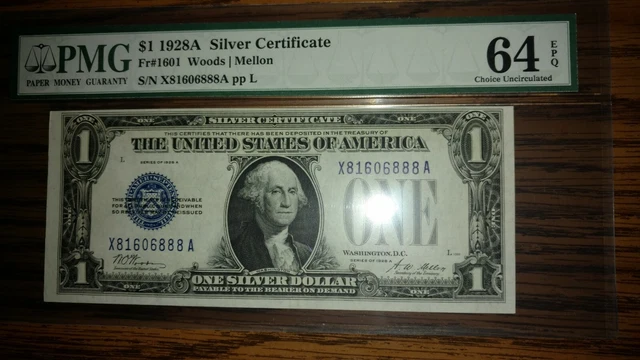 Fr.#1601 $1 1928A Silver Certificate PMG 64 EPQ Choice Uncirculated LUCKY EIGHT.