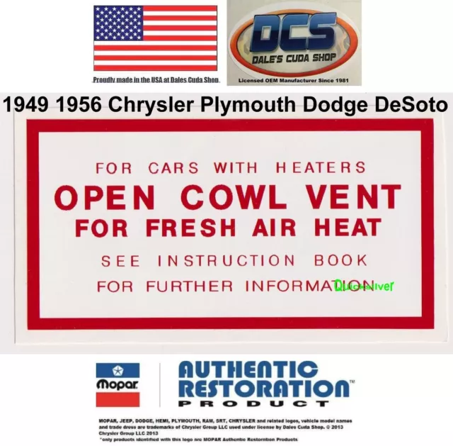 1949 56 Chrysler Plymouth Dodge DeSoto Open Cowl Vent MoPar Decal USA